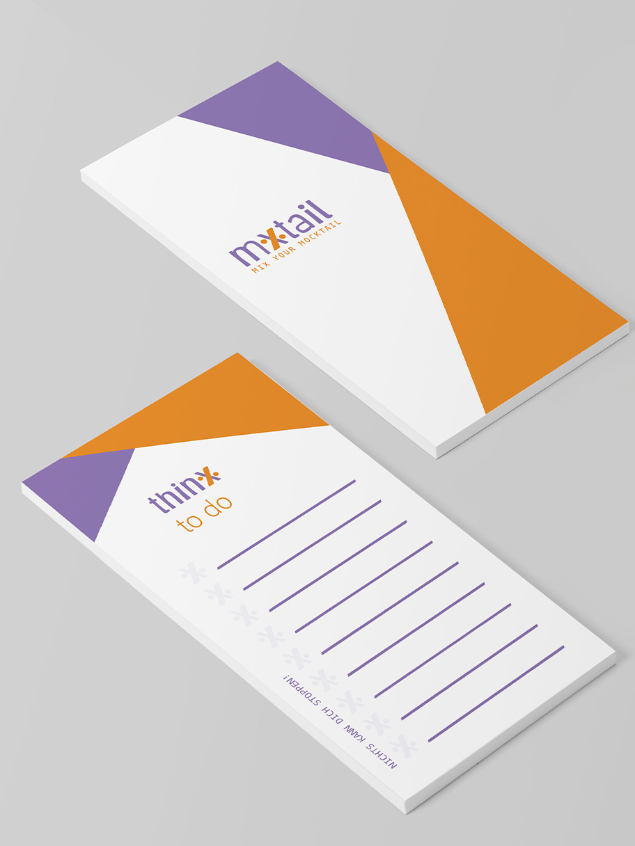 To-do-Block mit der Aufschrift „Thinx to do“ und Kästchen zum Abhaken. Das gebrandete Printprodukt wurde passend zur Corporate Identity der konzeptionellen Mocktail-Bar Mxtail von Alissia Ingra gestaltet.