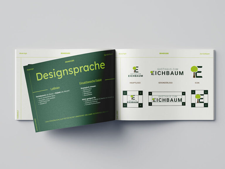 Querformatiges Magazin mit dem Styleguide des Gasthaus zum Eichbaum: Branddesign, Richtlinien und Logo-Varianten